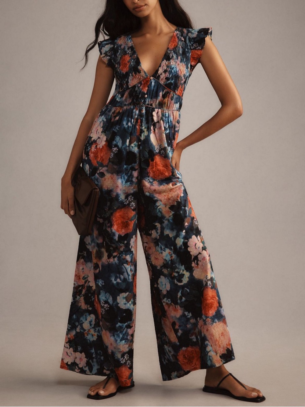 Anthropologie Deep Blue Floral V-Neck Dress with Coral Accents - Picture 2 of 4
